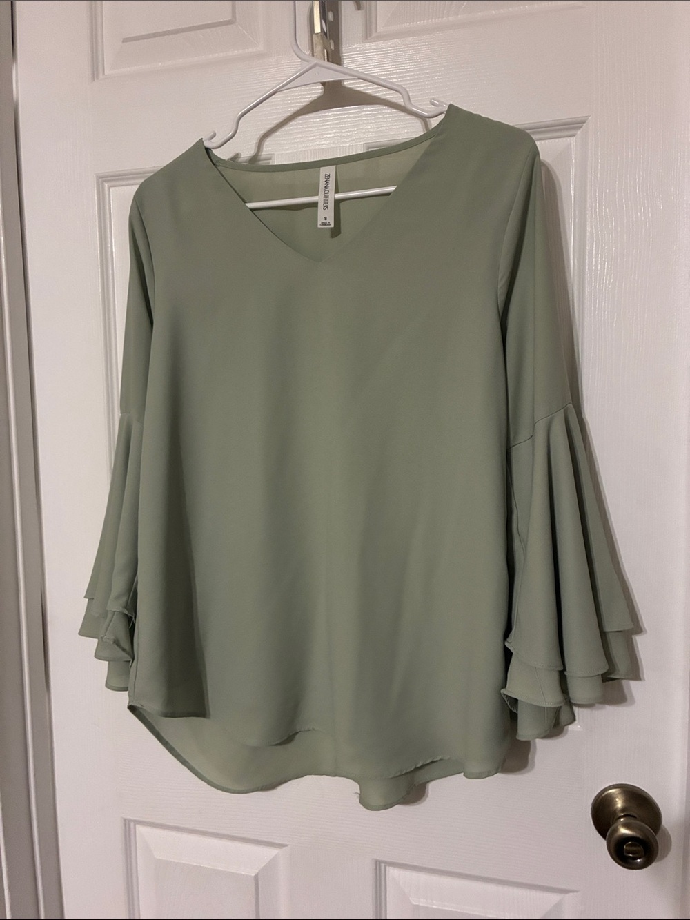 Zenana Outfitters Sage Green V-Neck Ruffle Sleeve Blouse